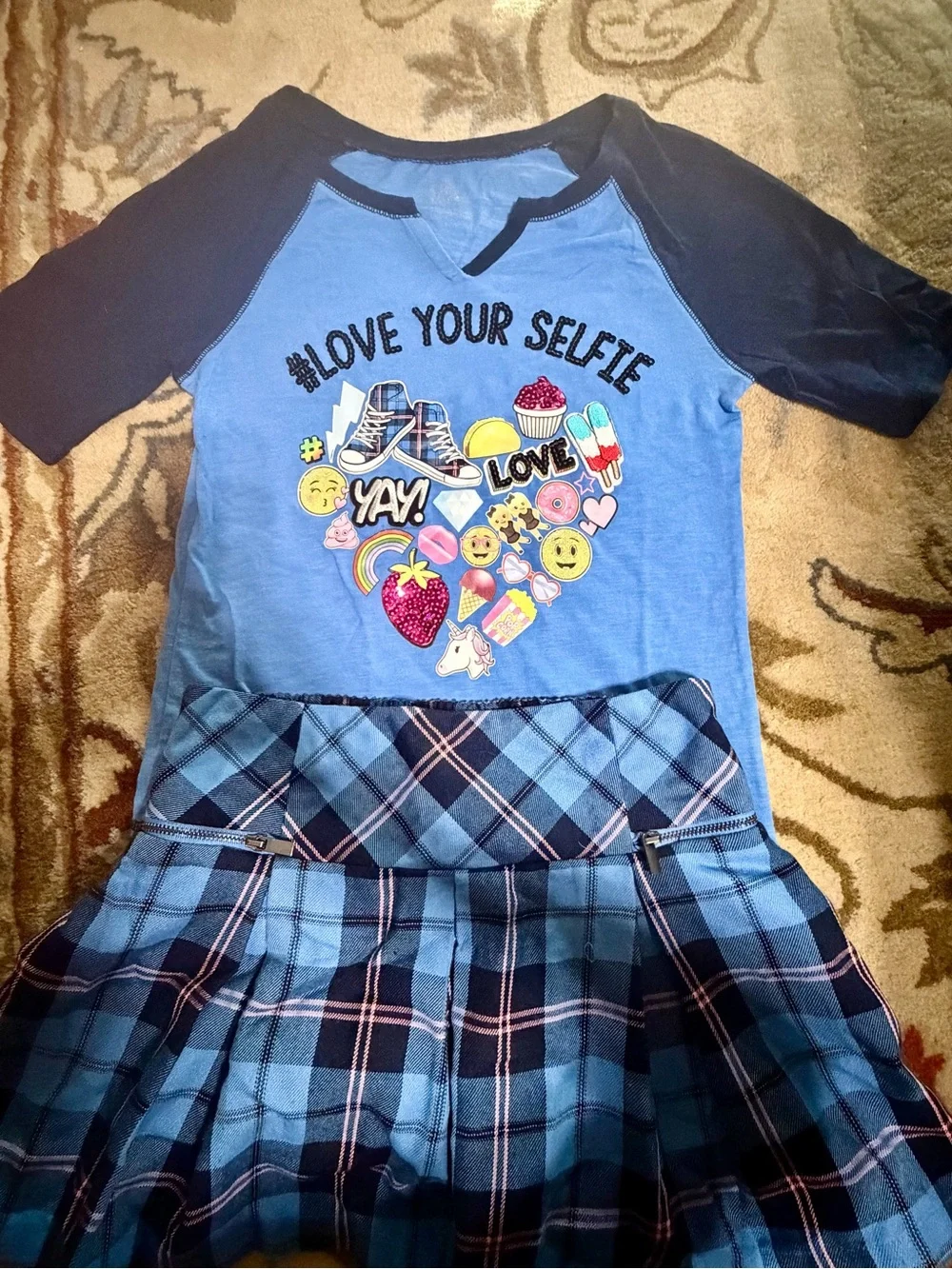 Justice for Kids Blue Graphic Top with Plaid Skirt- girls back to school outfit